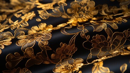 Detailed shot of a luxurious black and gold fabric pattern
