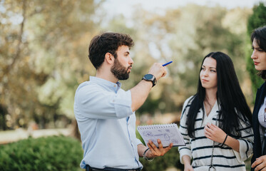 Students discuss and collaborate in a park, working on a university project. Motivated and focused,...