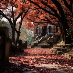 Autumn Pathway with Red Fallen Leaves Leading to a Pink House