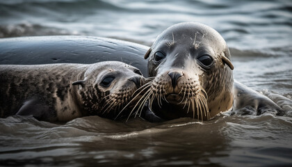 Fototapeta premium A cute seal pup resting on the coastline, looking at camera generated by AI