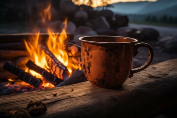 Inviting coffee in Norways wilderness, bathed in campfires golden light