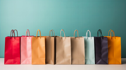 colorful shopping bags on table, Set of  brown Empty Shopping Bags Isolated in blue, copy space, Gifts and shopping concept, Banner for online shopping with cart - obrazy, fototapety, plakaty