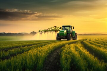 spraying fertilizer with a tractor on a field of green