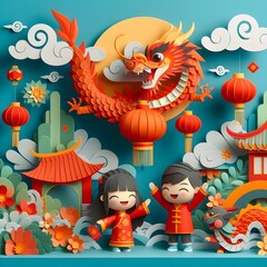 Chinese Lunar Year Paper Art Craft Diorama, Year Of The Dragon.
