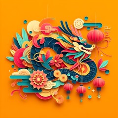 Obraz na płótnie Canvas Chinese Lunar Year Paper Art Craft Diorama, Year Of The Dragon.