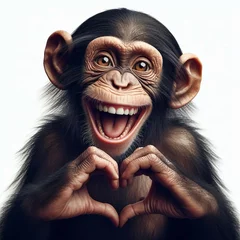 Fotobehang Happy laughing funny monkey portrait making heart hands. Chimpanzee with Hand fingers making heart shape, isolated on white background © Smaz