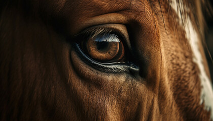 Beautiful horse with a captivating gaze in a rural pasture generated by AI