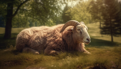 A cute young goat grazing on green grass at sunset generated by AI