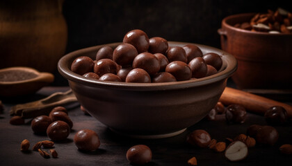 A rustic bowl of organic dark chocolate dessert on wooden table generated by AI
