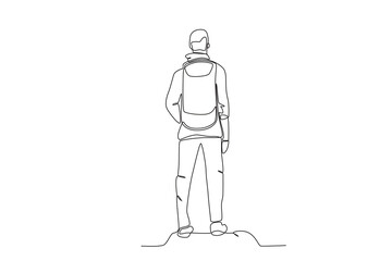 Continuous one line drawing of A man who is observing the view from the top of the mountain. Hiking, adventure tourism, travel. Continuous line draw design vector illustration
