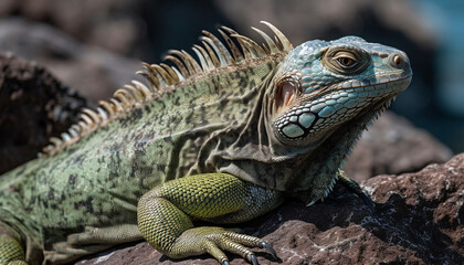 Fototapeta premium A green iguana crawls on a branch in the tropical rainforest generated by AI