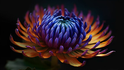 Close up of a vibrant, multi colored dahlia flower on a black background generated by AI