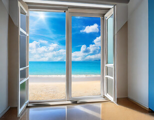 Fototapeta na wymiar Open door to tropical beach with blue sky and white sand. Vacation concept