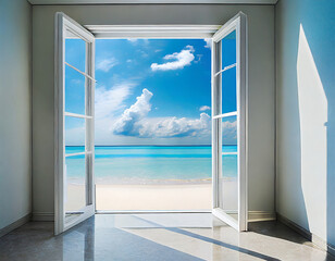 Open door to tropical beach with blue sky and white sand. Vacation concept
