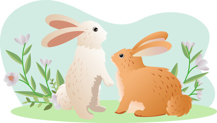 realistic rabbits vector graphic illustration, rabbits couple clipart kids illustration