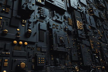 Fototapeta premium Mechanical equipment and pipes background wall, cyberpunk metal style background 