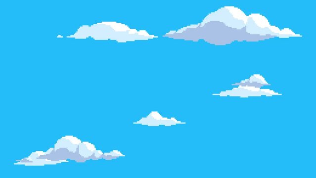 Pixel art clouds floating vertically on blue sky background. Seamless looping animation. Animated cartoon cloudscape.