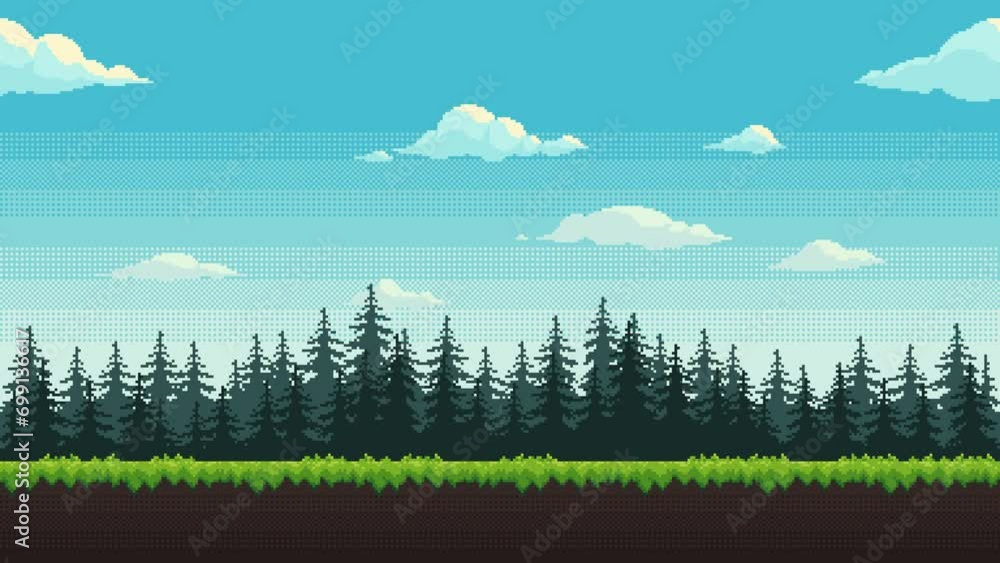 Poster forest pixel art background animation. 2d pixel video game daytime with green grass, fir trees and f