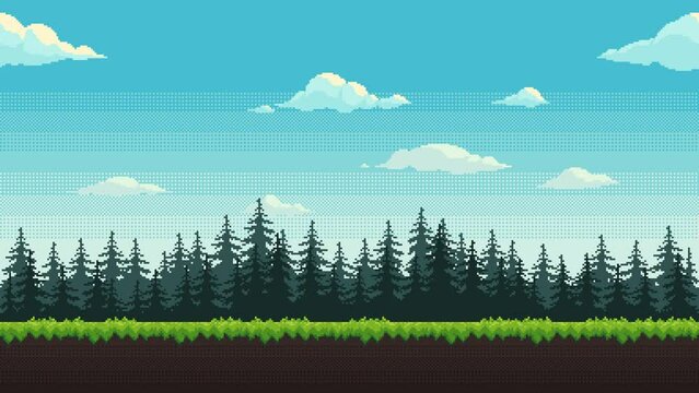 Forest pixel art background animation. 2d pixel video game daytime with green grass, fir trees and floating clouds. Animated looping nature landscape.