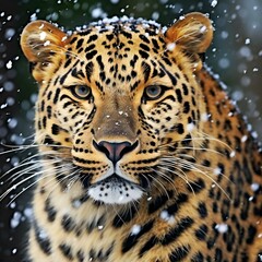 Portrait of a leopard on a background of snowfall