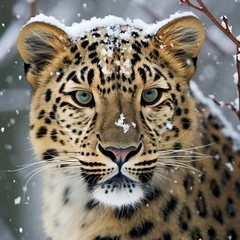 Gordijnen Portrait of a leopard in the snow,  Close-up © Cuong