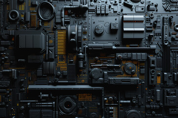 Fototapeta premium Mechanical equipment and pipes background wall, cyberpunk metal style background 