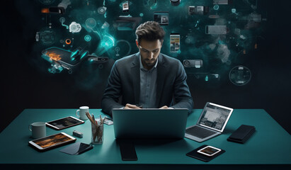 Business man among symbols on touch screen interface Digital transformation, networking on computer. Overlay, ai and business people on ui, technology or ux and futuristic big data, 5g network.