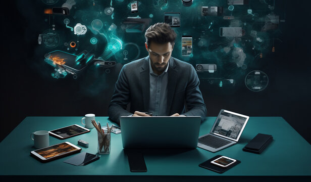 Business man among symbols on touch screen interface Digital transformation, networking on computer. Overlay, ai and business people on ui, technology or ux and futuristic big data, 5g network.