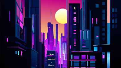 A cityscape at night with glowing windows. vektor icon illustation