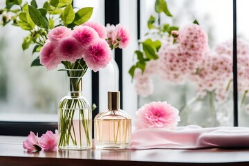 Transparent bottle of perfume and vase with pink flowers on table next to window at home. Elegant luxury fragrance presentation with daylight