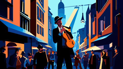 A street musician in a crowded square. vektor icon illustation