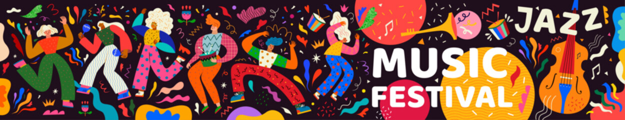 Music festival. Vector colourful illustration with musical instruments and dancing people. - obrazy, fototapety, plakaty