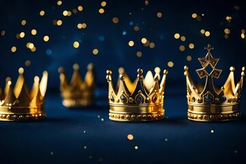 Three gold shiny crowns on navy blue background. Three Kings day or Epiphany day holiday celebration night background - obrazy, fototapety, plakaty