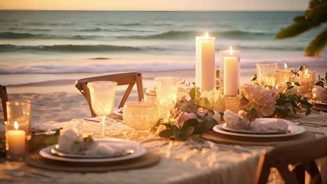 The gentle glow of candles highlights the intricate details of a lavish tablescape, complete with thoughtful d cor and exquisite finishing touches, making for a truly unforgettable beach