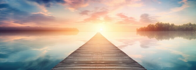 a wooden pier over a calm lake during sunrise - obrazy, fototapety, plakaty