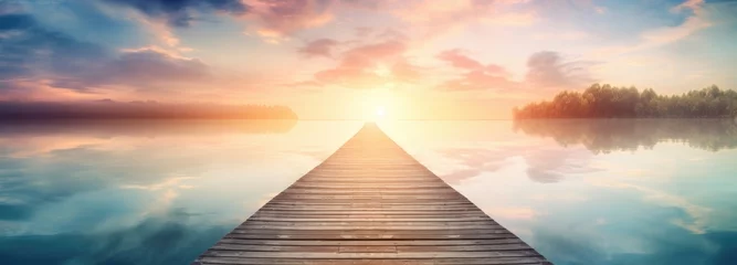 Raamstickers a wooden pier over a calm lake during sunrise © grigoryepremyan