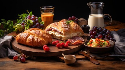 Obraz na płótnie Canvas french breakfast on wooden table, studio lighting, food photography, 16:9