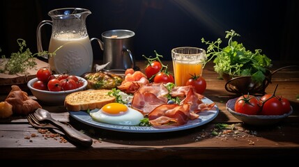 british breakfast on wooden table, studio lighting, food photography, 16:9