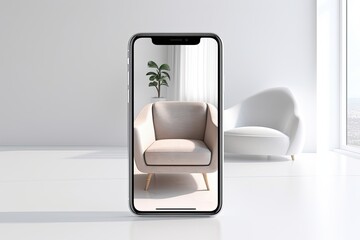 Phone with an augmented reality application in a chair in the interior of a modern bright room. AR technology for 3D furniture in the online store.