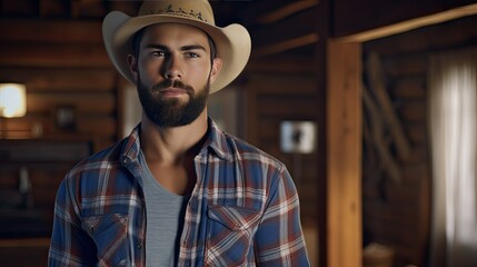 Young unshaven man wearing a cowboy hat and plaid shirt in a room with wooden walls in the interior of a rustic farm or ranch house. - Powered by Adobe