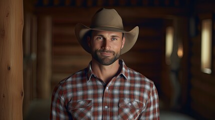 Young unshaven man wearing a cowboy hat and plaid shirt in a room with wooden walls in the interior of a rustic farm or ranch house. - Powered by Adobe