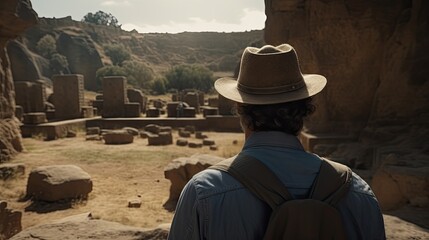 A male archaeologist stands in front of the excavations of an ancient civilization in the desert. A traveler adventurer has found a secret lost city. - obrazy, fototapety, plakaty