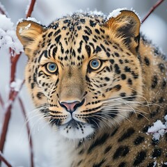 Fototapeta premium Portrait of a leopard in the snow, Panthera pardus