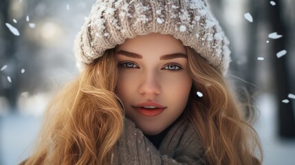 Close-up portrait of a Scandinavian young woman in a warm knitted hat against the backdrop of a winter snowy forest and falling snowflakes.