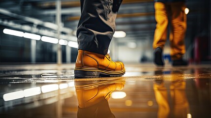 Close-up of a worker wearing boots standing on a new epoxy resin floor in a large, brightly lit room after renovation.