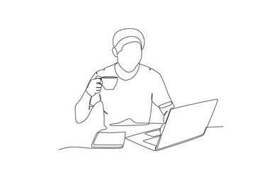 Fototapeta na wymiar Single continuous line drawing of Man drinking coffee while working from home. Remote work from home. Online education, studying student. One line draw graphic design vector illustration 