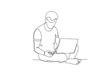 Single continuous line drawing of Man working at home sitting on floor. Remote work from home. Online education, studying student. One line draw graphic design vector illustration
