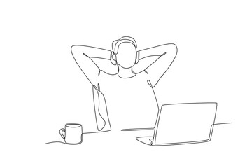 Single continuous line drawing of Man taking a short break while working from home. Remote work from home. Online education, studying student. One line draw graphic design vector illustration
