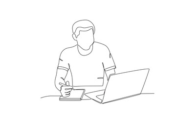 Single continuous line drawing of Man working from home. Remote work from home. Online education, studying student. One line draw graphic design vector illustration
