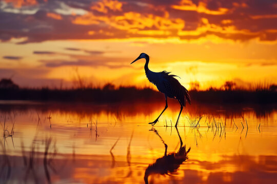 A brolga crane dancing in the wetlands of northern Australia, with a dramatic sunrise sky